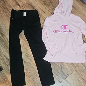 Girls Champion Light Pink Hoodie and Black Pants